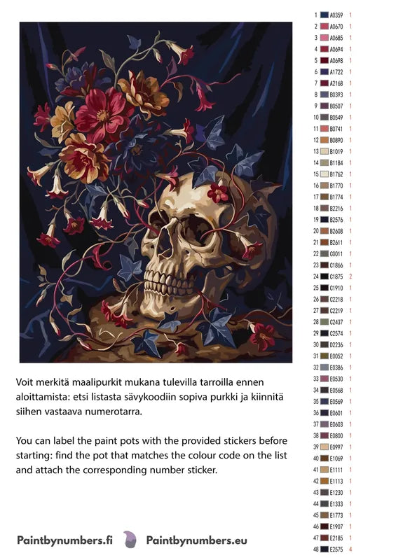 Värikartta ja ohjeet - Skull with Flowers 40x50cm