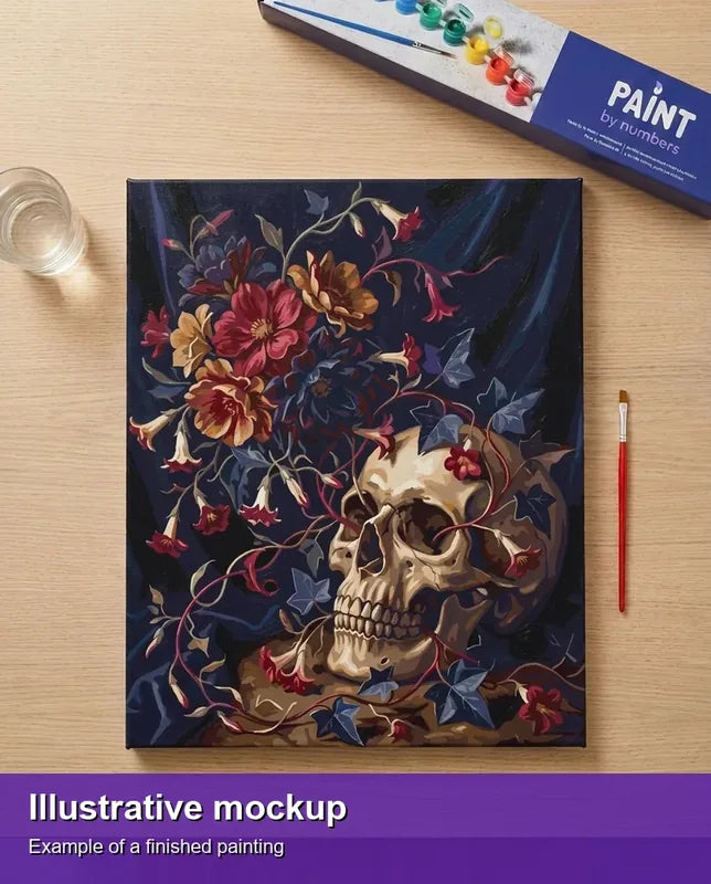 Valmiin numeromaalauksen havainnekuva - Skull with Flowers 40x50cm