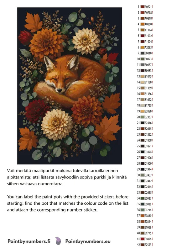 Värikartta ja ohjeet - Sleeping Fox and Flowers 40x60cm