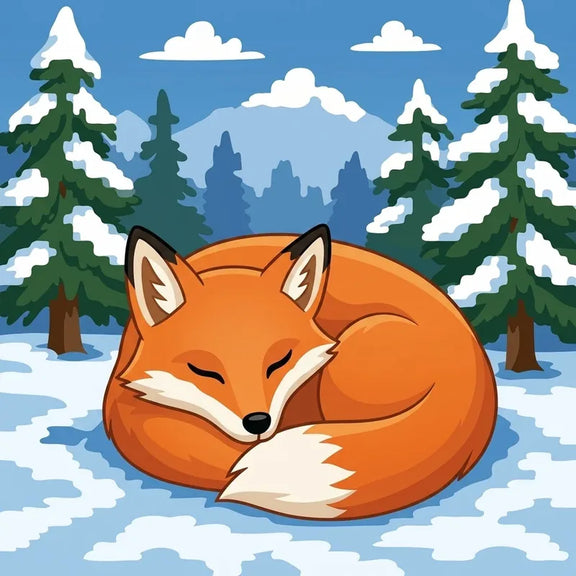 Timanttimaalaus, jossa oranssi kettu nukkuu lumisessa metsässä, taustalla kuusia.