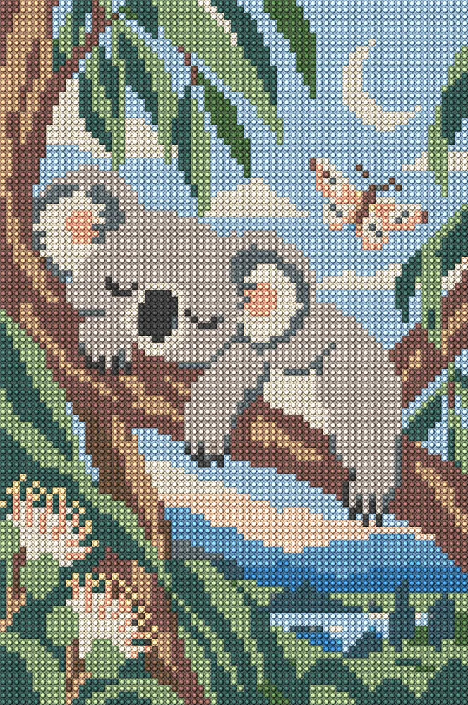 Sleeping Koala in Blue Leaves, 20x30 cm timanttimaalaus – koko kuvion esikatselu ilman lähikuvaa