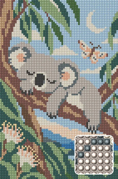 Sleeping Koala in Blue Leaves, 20x30 cm timanttimaalaus – lopullisen kuvion esikatselu ja lähikuva pyöreistä timanteista