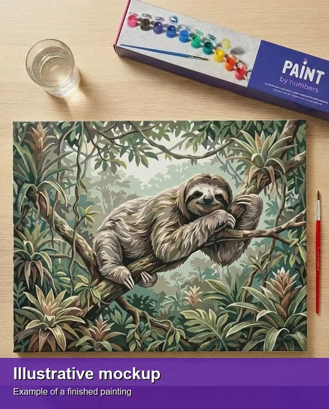 Valmiin numeromaalauksen havainnekuva - Sloth on Tree Branch 50x40cm