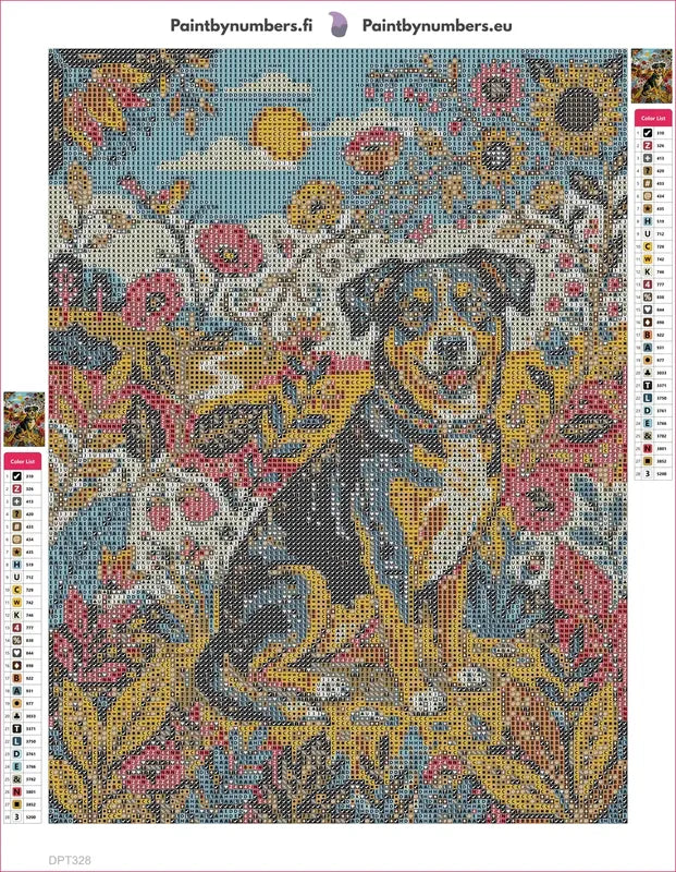 Smiling Dog, Wildflowers timanttimaalauksen liimapintainen canvas 30x40cm