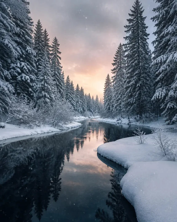 Timanttimaalaus talvisesta joesta ja lumisesta metsästä auringonlaskussa.
