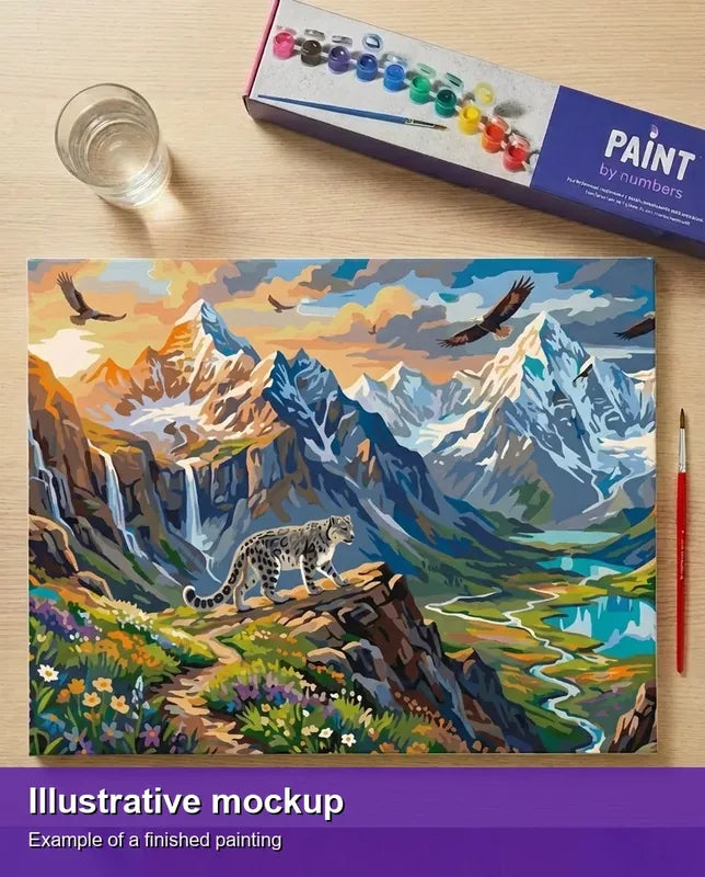 Valmiin numeromaalauksen havainnekuva - Snow Leopard and Mountains 50x40cm