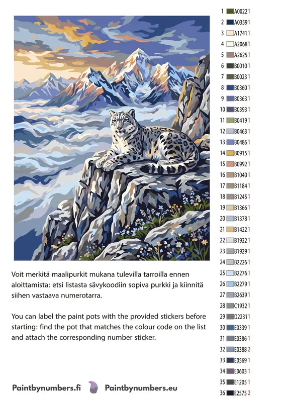 Värikartta ja ohjeet - Snow Leopard on Cliff 40x50cm