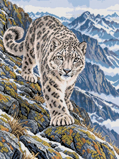 Lumileopardi jäkäläisellä vuoristoharjanteella, 60x80 cm timanttimaalaus – lopullisen kuvion esikatselu
