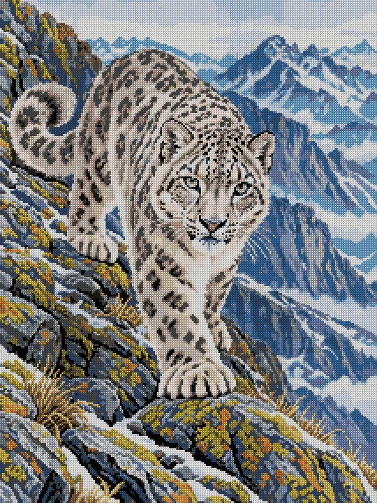 Lumileopardi jäkäläisellä vuoristoharjanteella, 60x80 cm timanttimaalaus – koko kuvion esikatselu