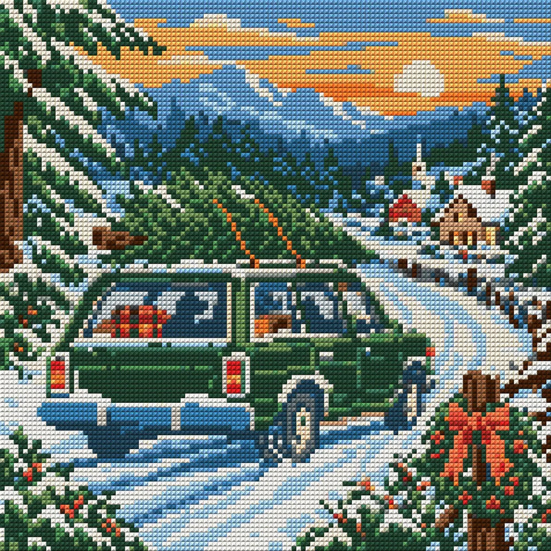 Snowbound Evergreen Wagon, 30x30 cm timanttimaalaus – koko kuvion esikatselu ilman lähikuvaa
