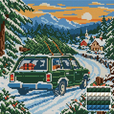 Snowbound Evergreen Wagon, 30x30 cm timanttimaalaus – lopullisen kuvion esikatselu ja lähikuva neliönmuotoisista timanteista