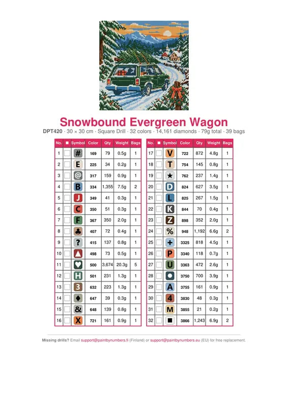 Snowbound Evergreen Wagon timanttimaalauksen värikartta – 32 DMC-väriä