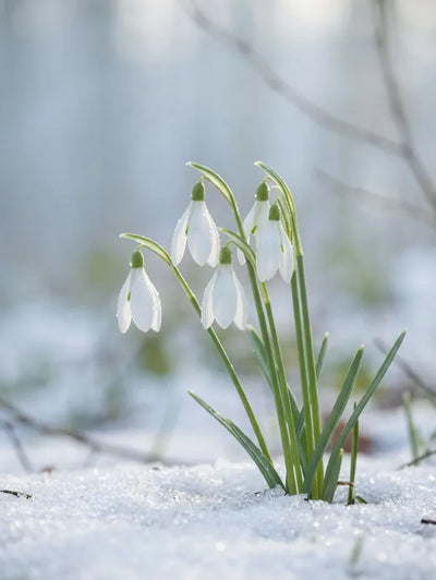 Timanttimaalaus valkoisista lumikelloista sulavalla hangella.