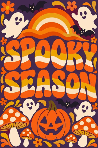 Haamut, kurpitsa ja lepakot numeromaalaus Halloween-teemalla.