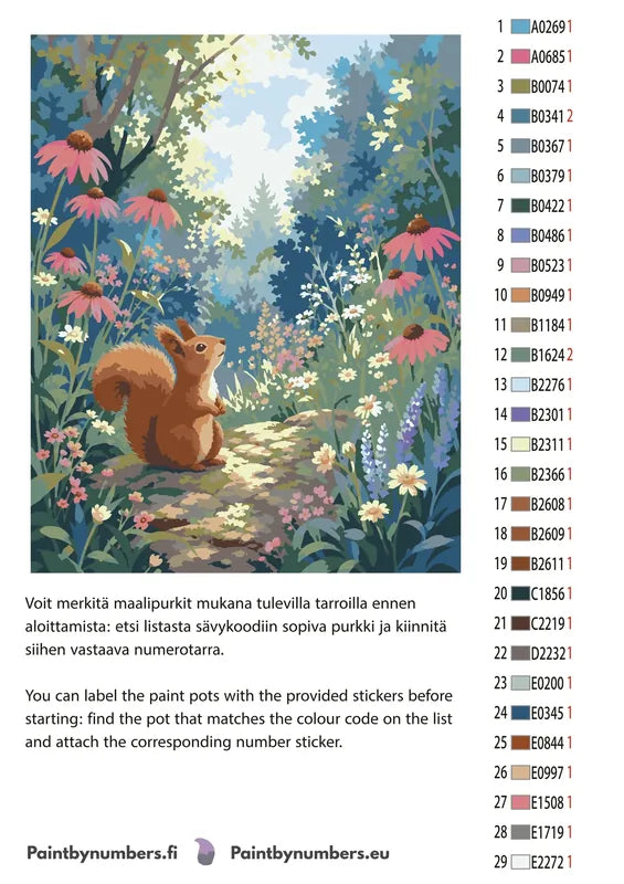 Värikartta ja ohjeet - Squirrel in Flower Meadow 40x50cm