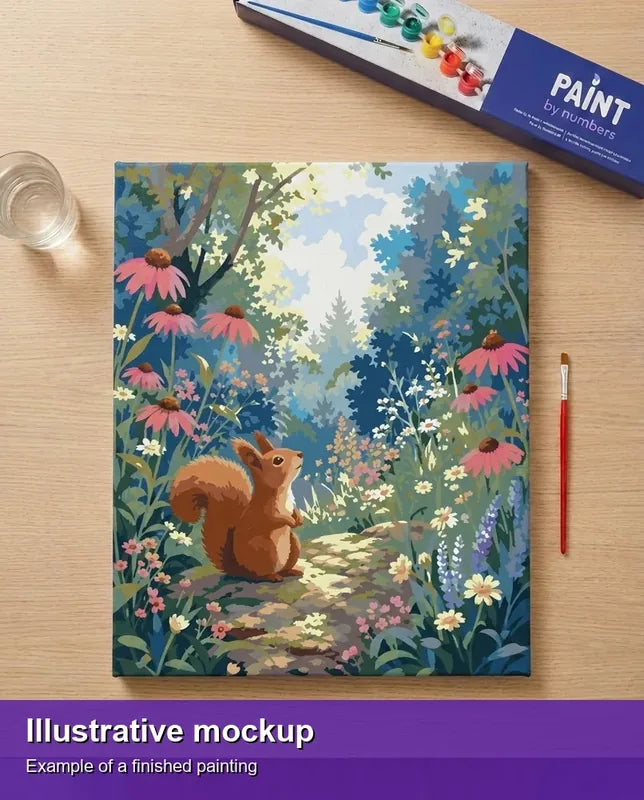 Valmiin numeromaalauksen havainnekuva - Squirrel in Flower Meadow 40x50cm