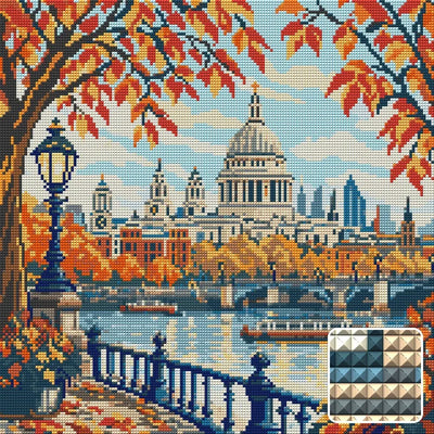 St Pauls through Autumn Branches, 40x40 cm timanttimaalaus – lopullisen kuvion esikatselu ja lähikuva neliönmuotoisista timanteista