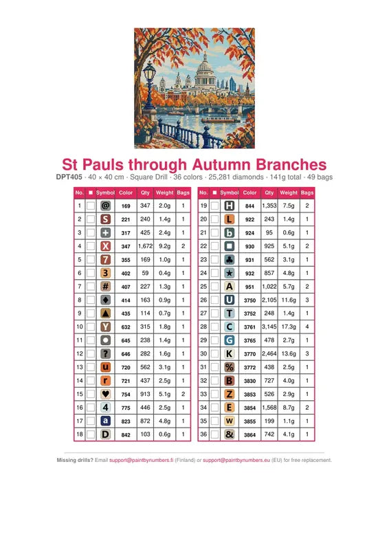 St Pauls through Autumn Branches timanttimaalauksen värikartta – 36 DMC-väriä