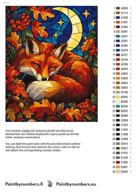 Numeromaalaus: Värikartta ja ohjeet - Stained Glass Fox 40x50cm