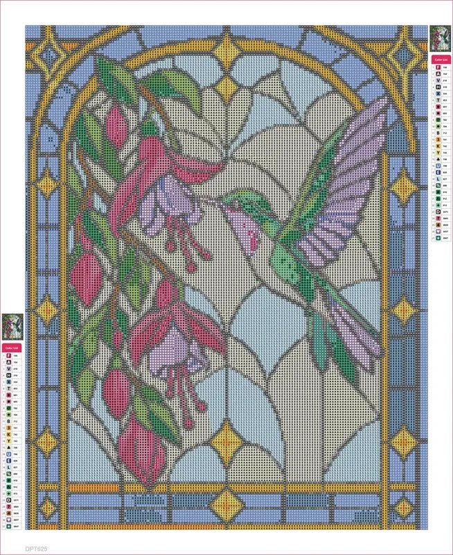 Stained Glass Hummingbird and Fuchsia timanttimaalauksen liimapintainen canvas 40x50cm