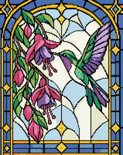 Lasimaalaustyylinen kolibri ja fuksiat, 40x50 cm timanttimaalaus – lopullisen kuvion esikatselu