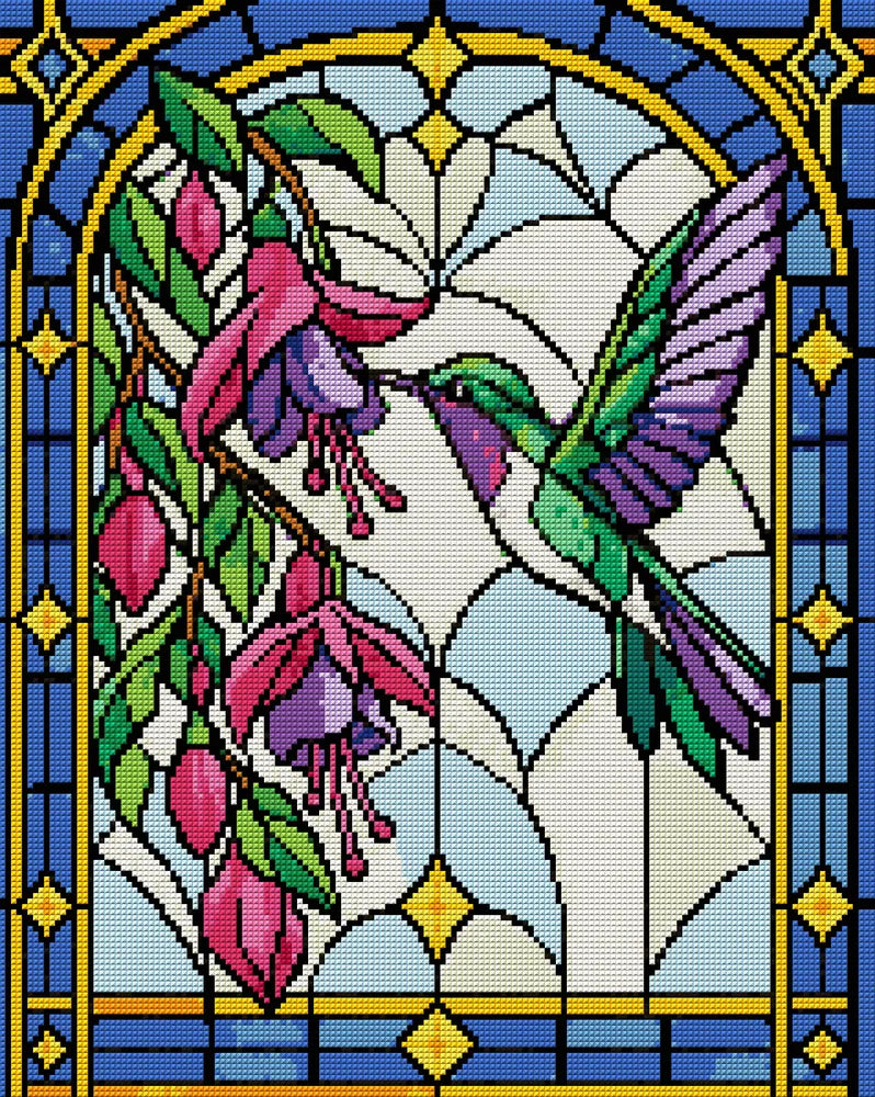 Lasimaalaustyylinen kolibri ja fuksiat, 40x50 cm timanttimaalaus – koko kuvion esikatselu