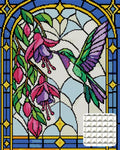 Thumbnail for Lasimaalaustyylinen kolibri ja fuksiat, 40x50 cm timanttimaalaus – kuvio ja neliötimanttien lähikuva