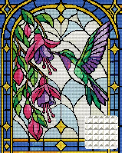 Lasimaalaustyylinen kolibri ja fuksiat, 40x50 cm timanttimaalaus – kuvio ja neliötimanttien lähikuva