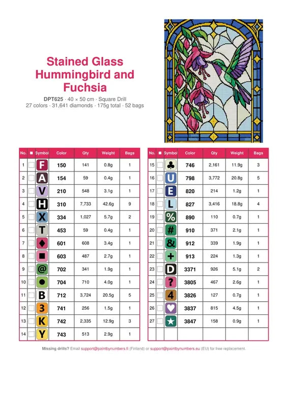 Stained Glass Hummingbird and Fuchsia timanttimaalauksen värikartta – 27 DMC-väriä