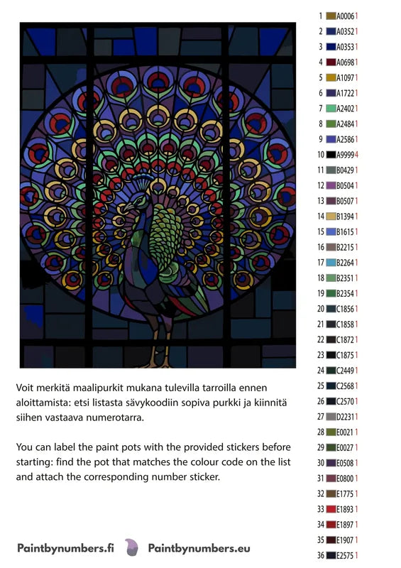 Värikartta ja ohjeet - Stained Glass Peacock 40x50cm