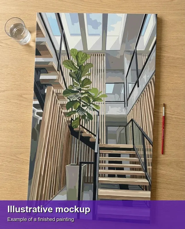 Valmiin numeromaalauksen havainnekuva - Staircase with Potted Plant 40x70cm