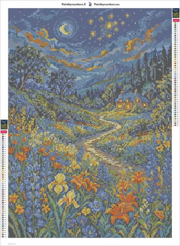 Starry Night Cottage Meadow timanttimaalauksen liimapintainen canvas 50x70cm