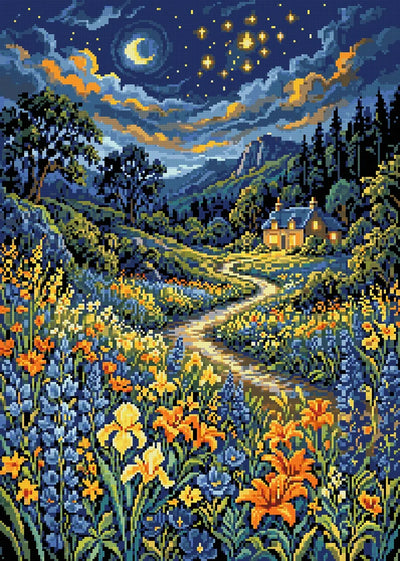 Starry Night Cottage Meadow, 50x70 cm timanttimaalaus – lopullisen kuvion esikatselu