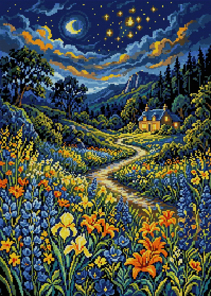 Starry Night Cottage Meadow, 50x70 cm timanttimaalaus – koko kuvion esikatselu ilman lähikuvaa