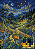 Thumbnail for Starry Night Cottage Meadow, 50x70 cm timanttimaalaus – lopullisen kuvion esikatselu ja lähikuva neliönmuotoisista timanteista