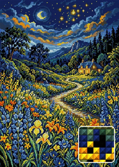Starry Night Cottage Meadow, 50x70 cm timanttimaalaus – lopullisen kuvion esikatselu ja lähikuva neliönmuotoisista timanteista