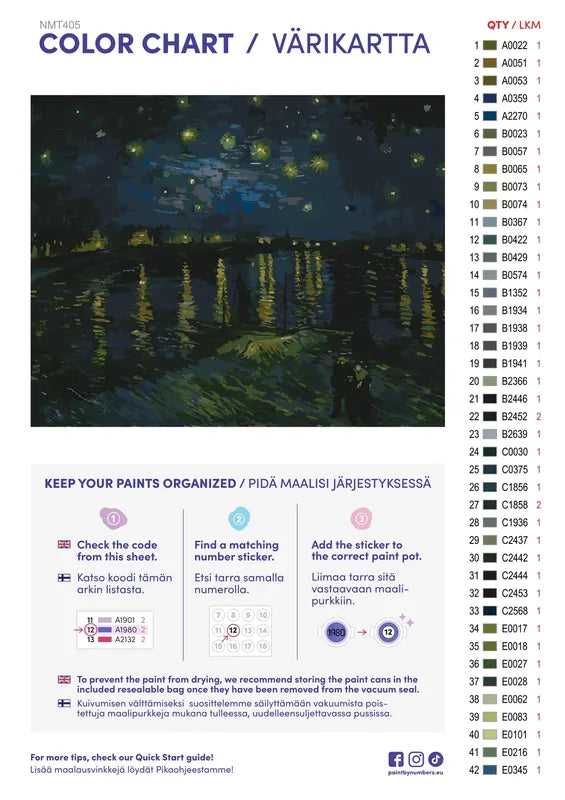 Numeromaalaus: Värikartta ja ohjeet - Starry Night Over the Rhône 50x40cm