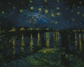Thumbnail for Numeromaalaus van Goghin Tähtikirkkaasta yöstä Rhônen yllä: tähtitaivas, joessa heijastuvat valot ja kaksi hahmoa rannalla.