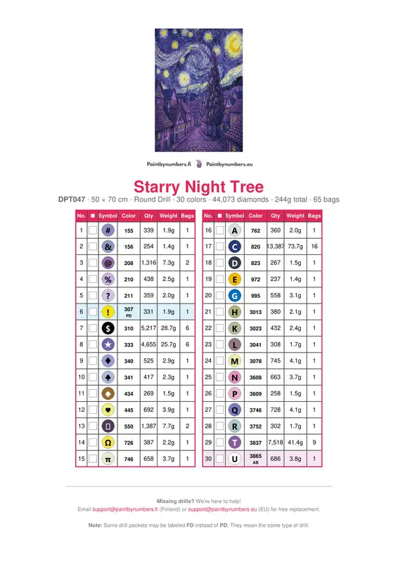 Starry Night Tree timanttimaalauksen värikartta – 30 DMC-väriä