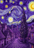 Thumbnail for Timanttimaalaus, jossa pyörteilevä tähtitaivas ja violetinsävyinen kylämaisema.