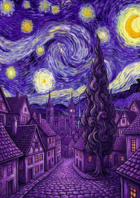 Thumbnail for Timanttimaalaus, jossa pyörteilevä tähtitaivas ja violetinsävyinen kylämaisema.