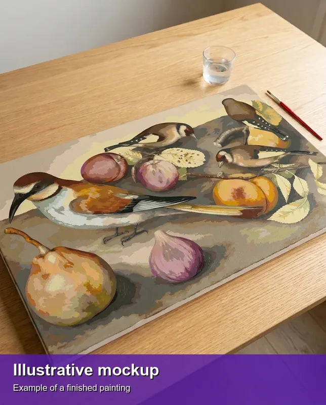 Valmiin numeromaalauksen havainnekuva - Still Life with Birds and Fruit 70x40cm