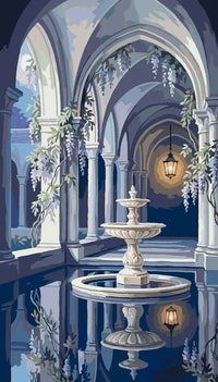 Thumbnail for Kivinen suihkulähde sisäpihalla numeromaalaus. Holvikaaret ja lyhty.