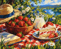 Thumbnail for Mansikkapiknik-asetelma numeromaalaus, kesäinen maisema, kakku ja kukkia.