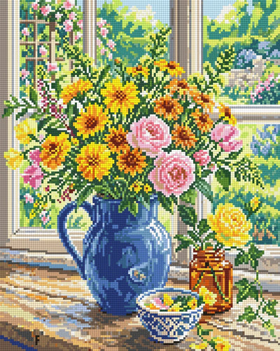 Summer Flowers in Blue Jug, 40x50 cm timanttimaalaus – lopullisen kuvion esikatselu