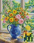 Thumbnail for Summer Flowers in Blue Jug, 40x50 cm timanttimaalaus – lopullisen kuvion esikatselu ja lähikuva pyöreistä timanteista