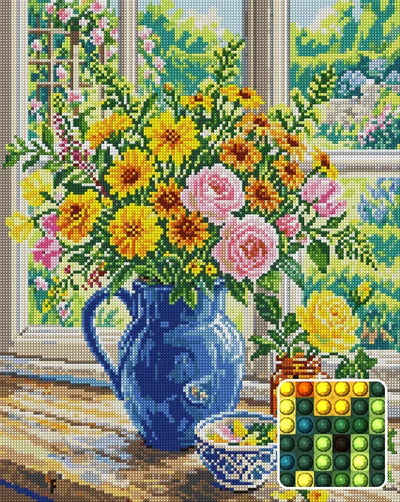 Summer Flowers in Blue Jug, 40x50 cm timanttimaalaus – lopullisen kuvion esikatselu ja lähikuva pyöreistä timanteista
