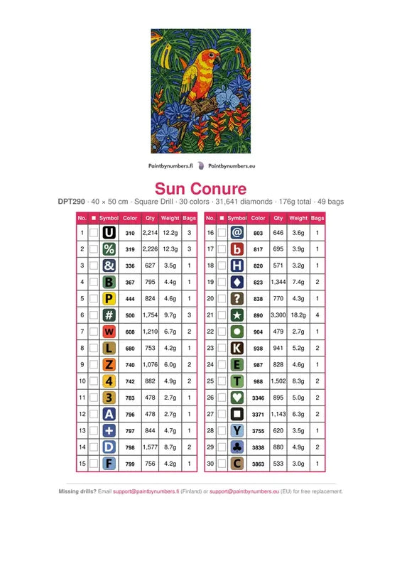 Sun Conure timanttimaalauksen värikartta – 30 DMC-väriä
