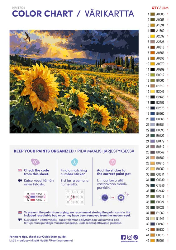Numeromaalaus: Värikartta ja ohjeet - Sunflowers before the Storm 50x40cm