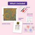 Thumbnail for Sunflowers 40x40cm timanttimaalauspaketin sisalto: liimapintainen canvas, varikartta, tyokalut ja timanttipussit